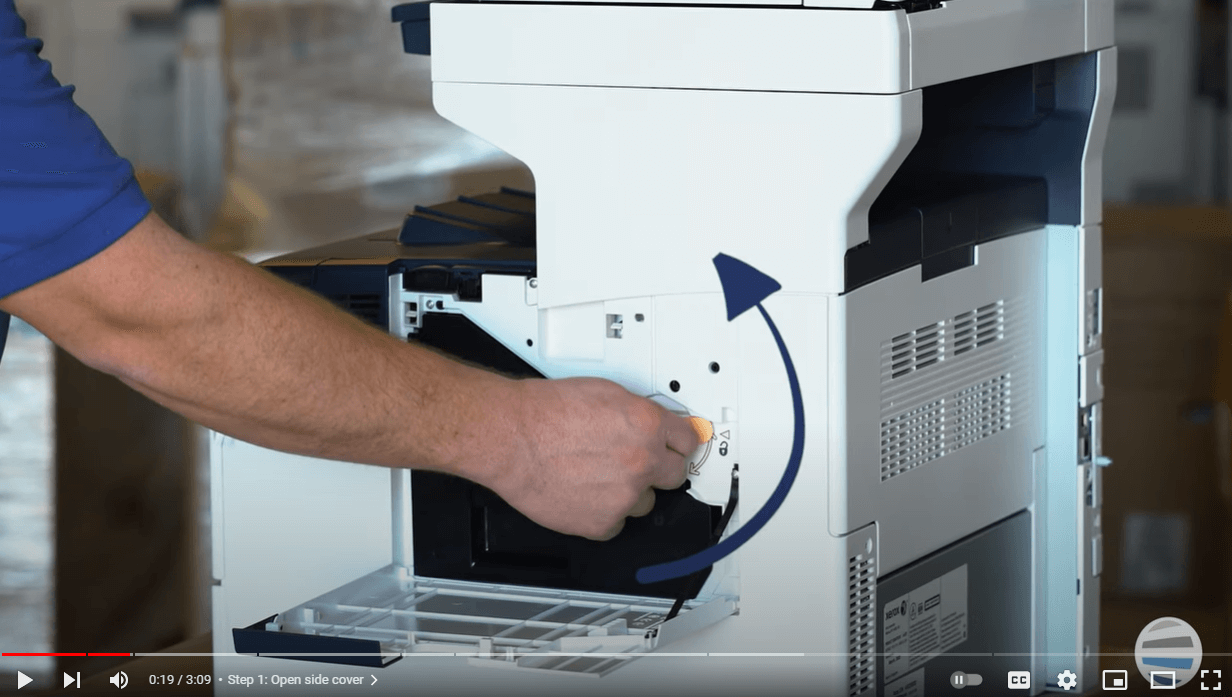 Screen capture of a printer technician unlocking waste toner latch