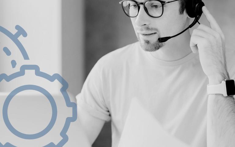 Remote worker with headphones and a graphic overlay of a clock