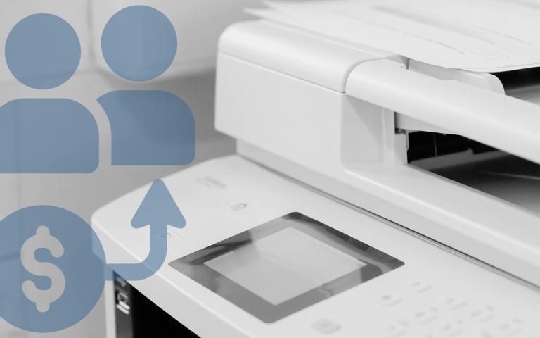 Multiple printers with a graphic overlay of people sharing a bill