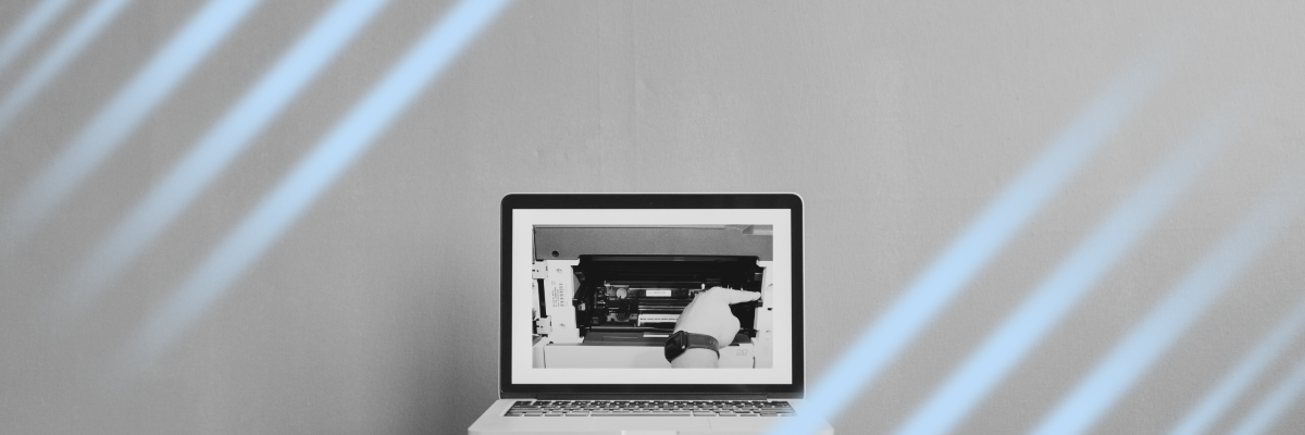 Macbook in black and white with blue.