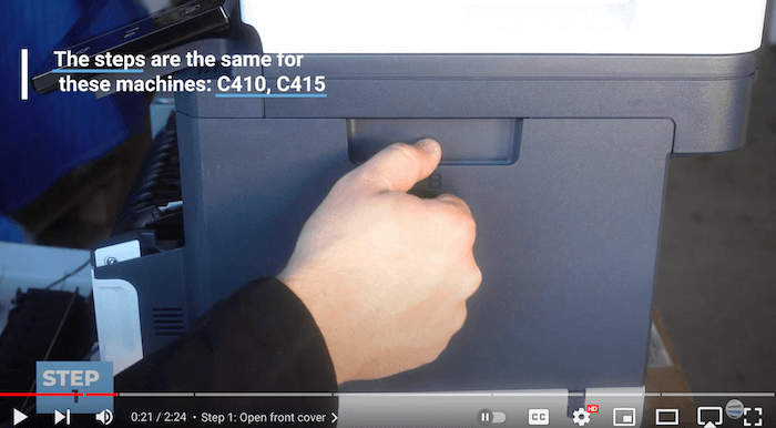 Printer technician opens & removes side cover of Xerox C410/C415